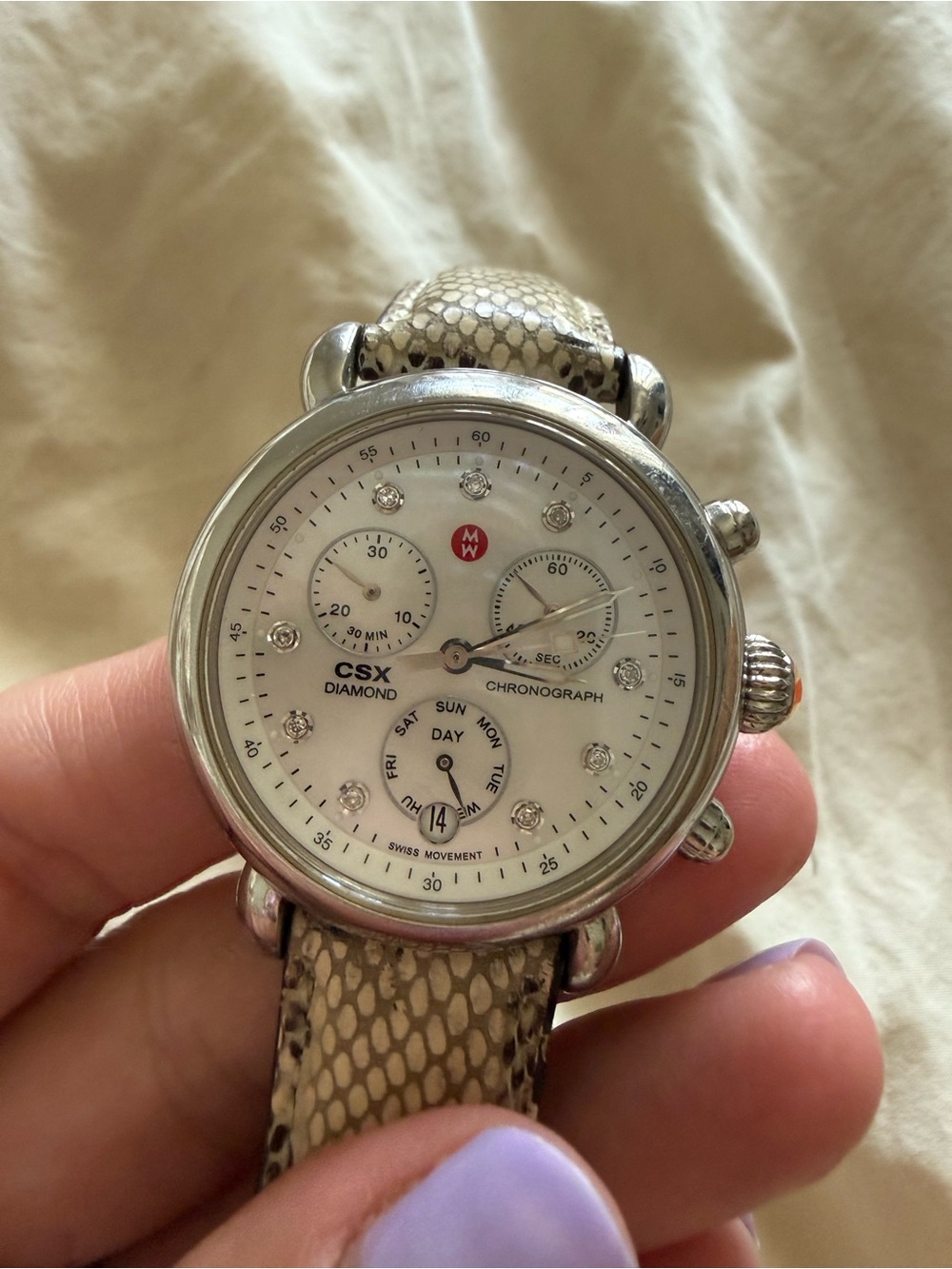 Michele CSX Diamond Chronograph Watch in White and Beige Snake-Print Strap